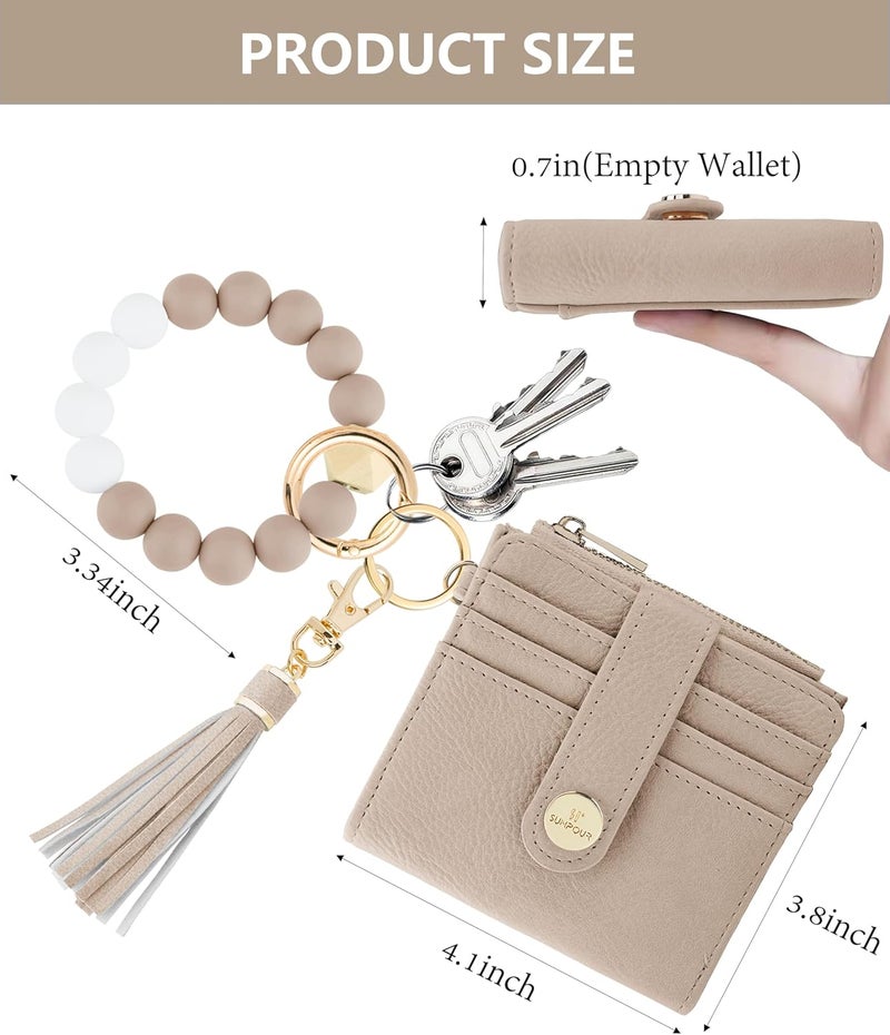 Sunpour Small Wristlet Wallets for Women Keychain Wristlet Wallet RFID Blocking Key Chain Wallet With Zipper Coin Pocket,2 Id Window (Light Camel) - Image 2
